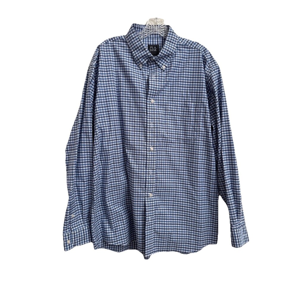 Jos A Bank Traveler Collection Dress Shirt Traditional Fit Blue/BkPlaid Men's XL